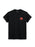 Black t-shirt with a red logo on a white background