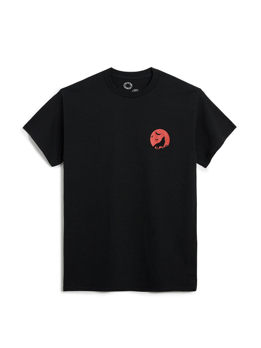 Black t-shirt with a red logo on a white background
