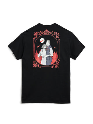 Black t-shirt with a graphic of a couple and moon design on a white background