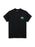 Black t-shirt with a green logo on a white background