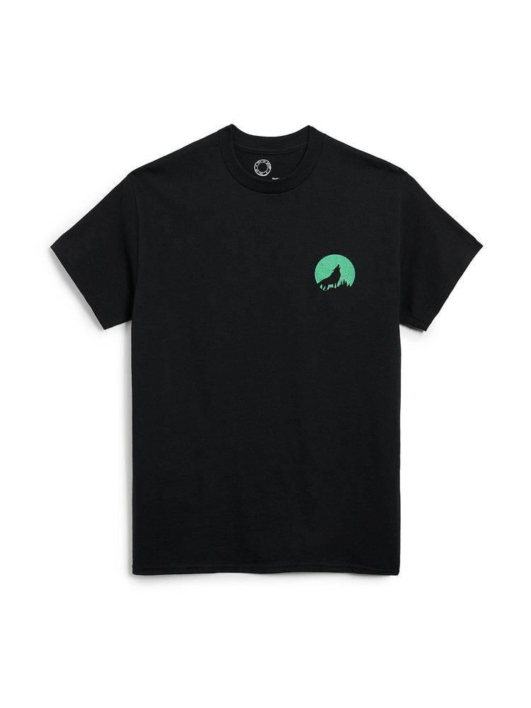 Black t-shirt with a green logo on a white background