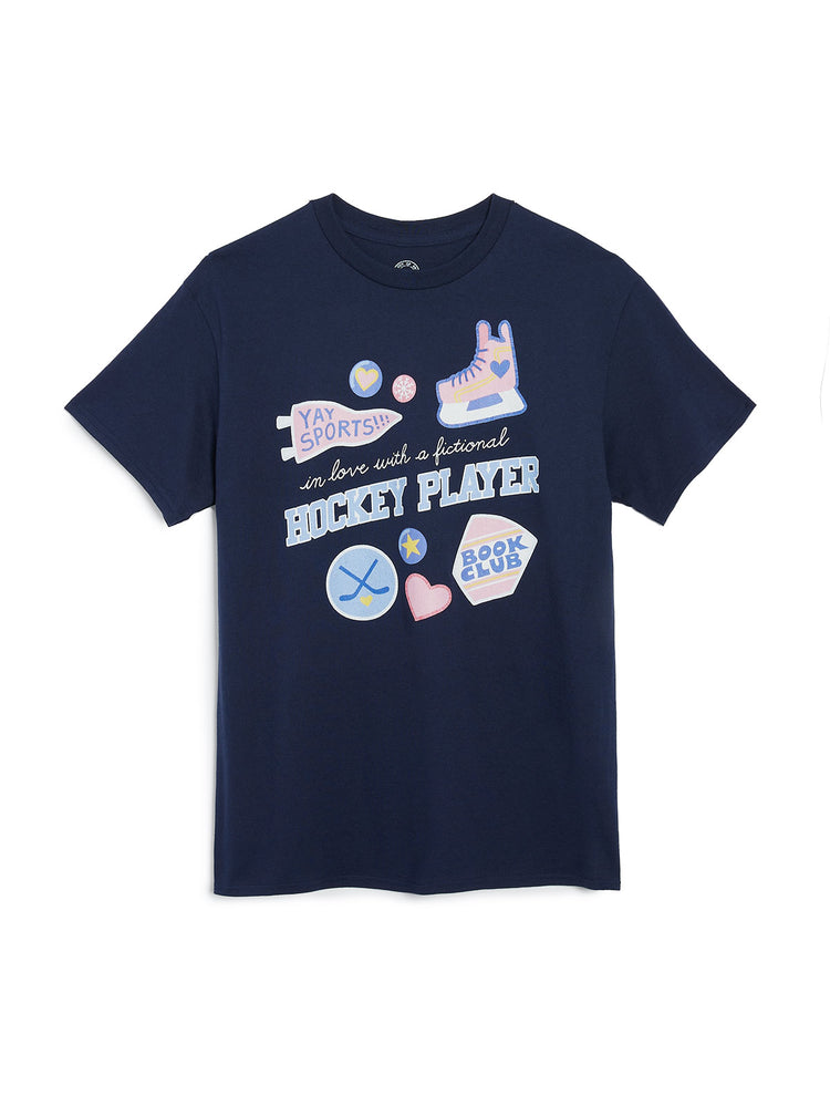 Navy blue t-shirt with colorful graphics and text on a white background