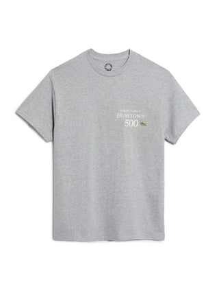 Gray t-shirt with text on a white background