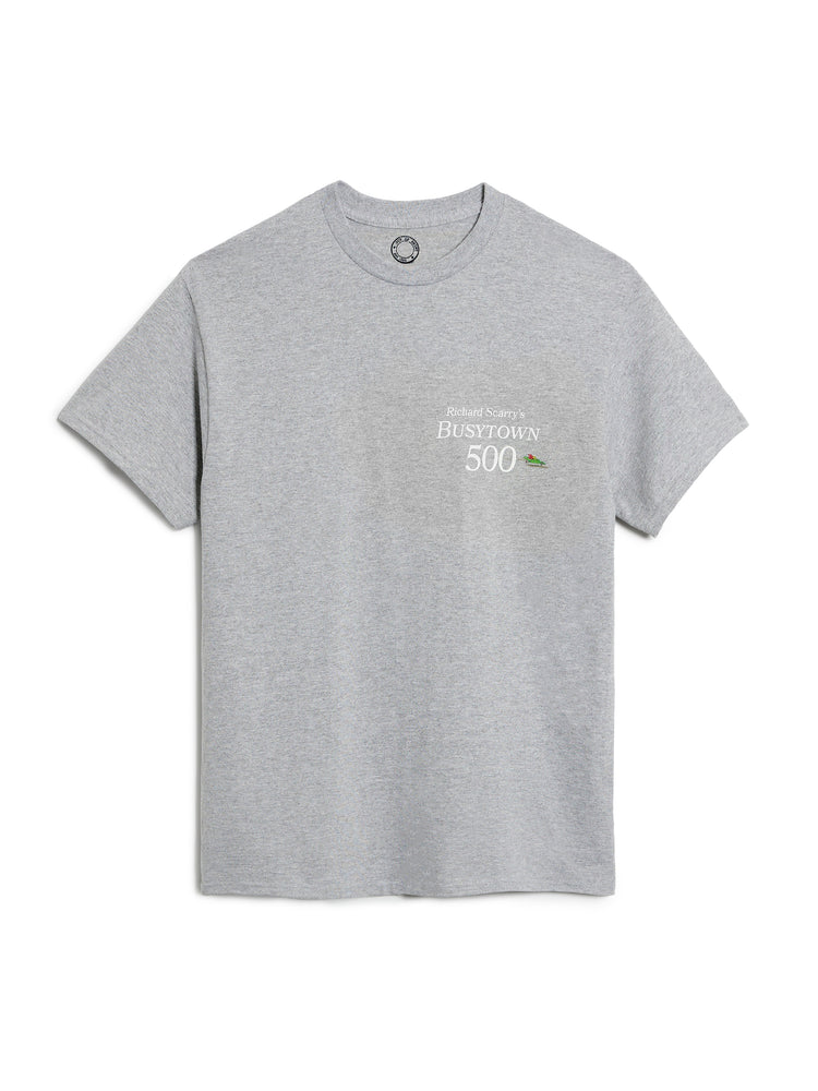 Gray t-shirt with text on a white background