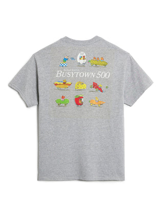 Gray t-shirt with colorful graphics and text on the back against a white background
