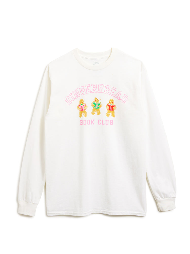 A white long-sleeve t-shirt with a colorful graphic on the chest reading 'GINGERBREAD BOOK CLUB' featuring three gingerbread characters reading books, displayed on a clean white background.