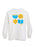 A white long-sleeve crewneck t-shirt featuring a colorful graphic of Hanukkah symbols (a blue menorah, a yellow latke, a yellow dreidel with a face, and a blue book) on the front, displayed against a clean white background.
