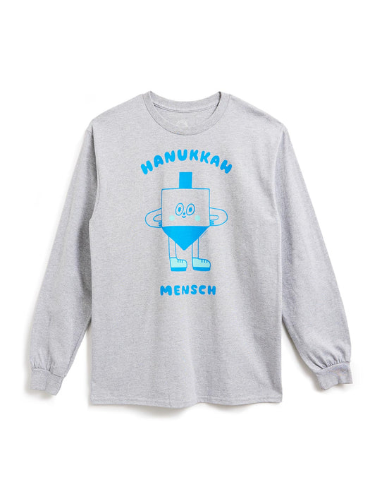 A light gray long-sleeve t-shirt with a blue graphic of a dreidel character and the text 'HANUKKAN MENSCH' printed on the front, displayed against a plain white background.