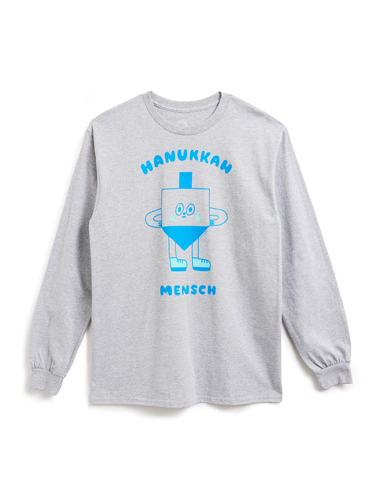A light gray long-sleeve t-shirt with a blue graphic of a dreidel character and the text 'HANUKKAN MENSCH' printed on the front, displayed against a plain white background.