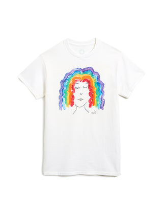 White t-shirt with a colorful graphic of a face on a white background