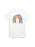 White t-shirt with a colorful graphic of a face on a white background