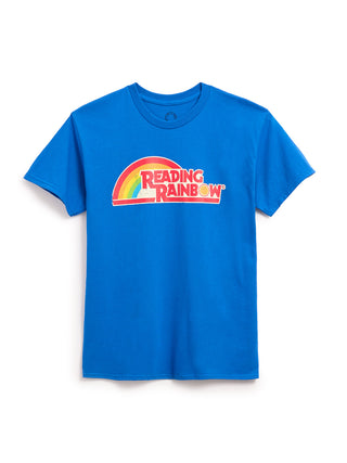 Blue t-shirt with 'Reading Rainbow' logo on a white background