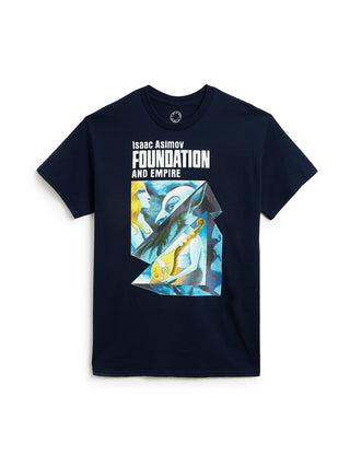 Blue t-shirt with 'Isaac Asimov Foundation and Empire' graphic design on a white background