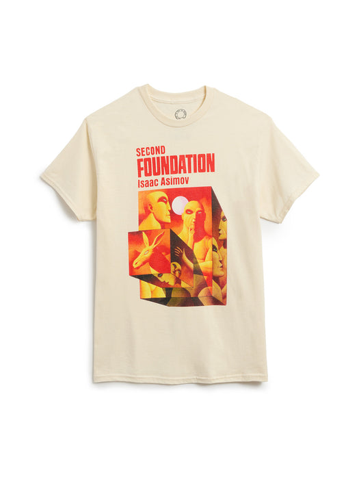 Beige t-shirt with 'Second Foundation' graphic design on a white background