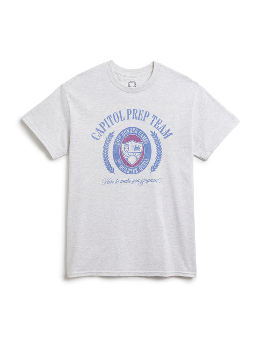 A light heather gray short-sleeve t-shirt with a blue and red graphic on the front reading 'CAPITOL PREP TEAM' and 'Here to make you gorgeous!' on a white background.