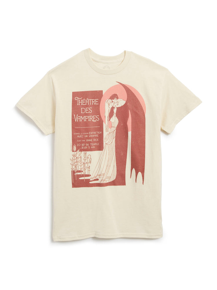 A cream-colored short-sleeve t-shirt with a vintage-style red graphic print on the front depicting a vampire and the text 'Théâtre des Vampires'.