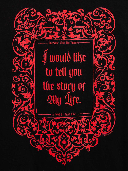 A black book cover featuring a large ornate red gothic-style border and the title text 'Interview With The Vampire' above a quote reading 'I would like to tell you the story of My Life. A Novel By Anne Rice.