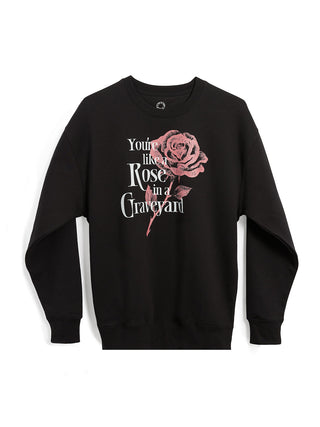 Black sweatshirt with pink rose graphic and text on a white background