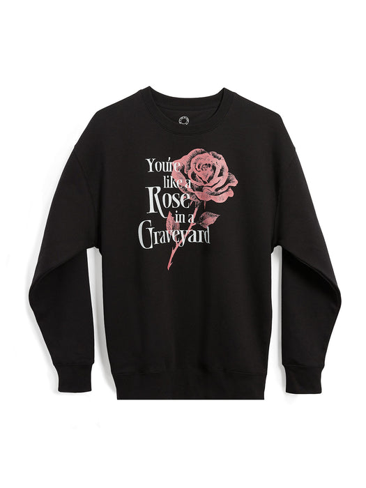 Black sweatshirt with pink rose graphic and text on a white background