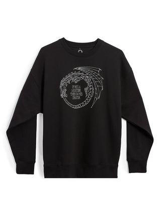 Black sweatshirt with white graphic design on a white background