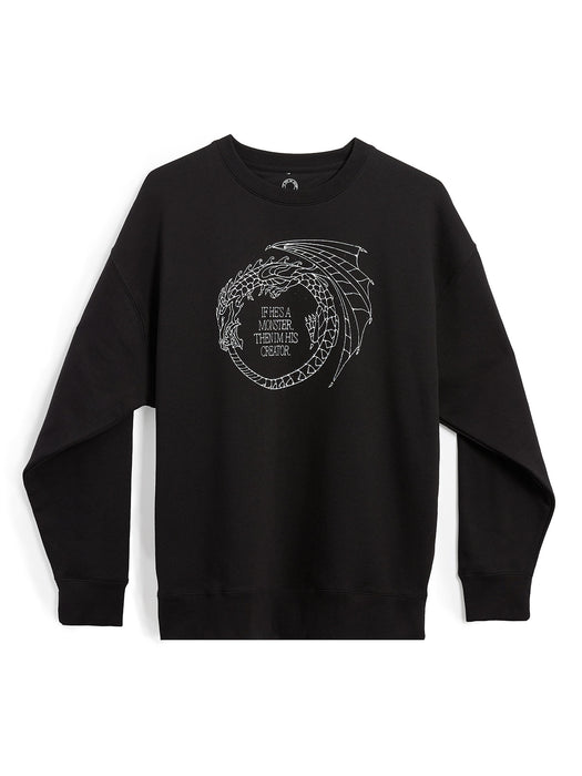 Black sweatshirt with white graphic design on a white background