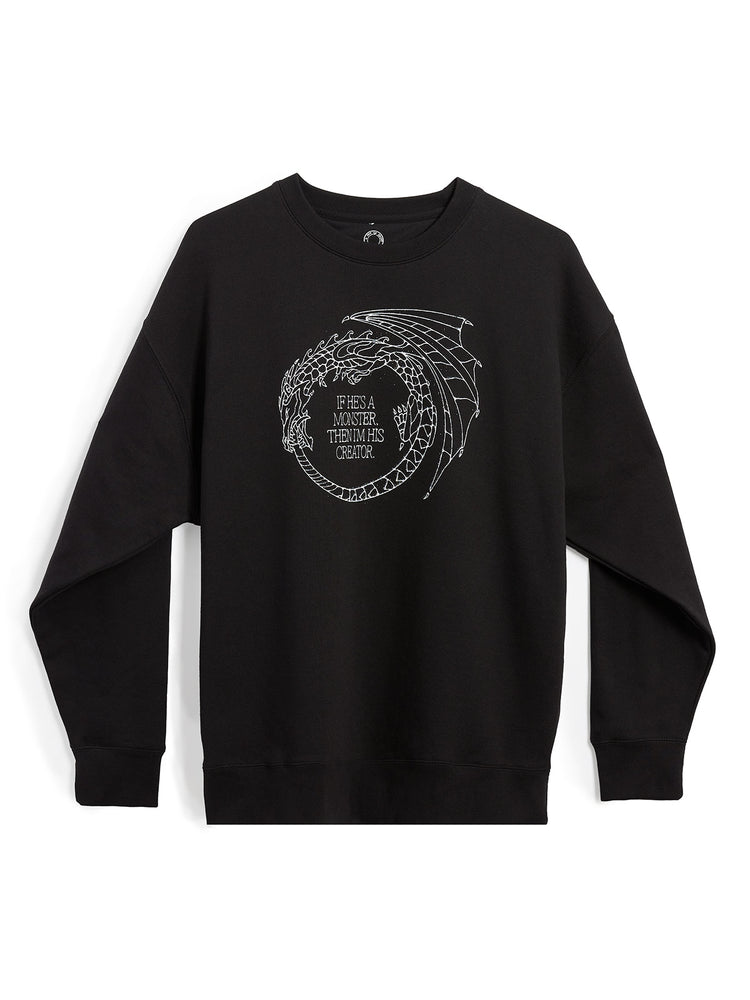 Black sweatshirt with white graphic design on a white background