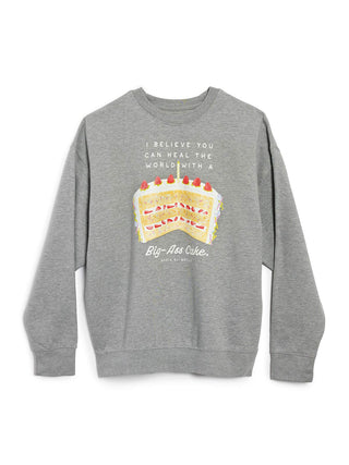 Gray sweatshirt with cake graphic and text on a white background