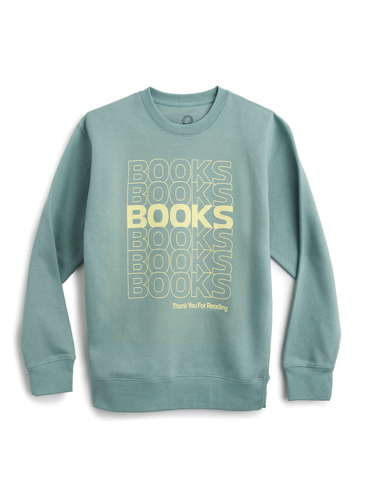 Teal sweatshirt with 'BOOKS BOOKS BOOKS - Thank You For Reading text in yellow on a white background