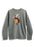 A heather gray crewneck sweatshirt featuring a graphic of a black cat wearing a witch hat and reading an orange book, surrounded by small stars.
