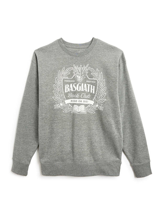 A heather gray crewneck sweatshirt featuring a white graphic print on the front that reads 'BASGIATH Book Club READ OR DIE!' with a decorative crest and book illustration.