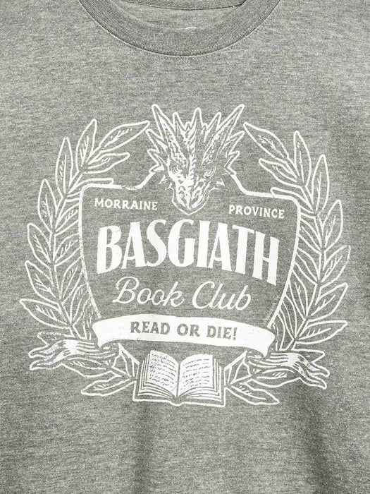 Close-up of a heather gray crewneck t-shirt featuring a white graphic print of a dragon, laurel wreath, and an open book with the text 'BASGIATH Book Club' and 'MORRAINE PROVINCE READ OR DIE!'.