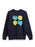 A navy blue crewneck sweatshirt featuring a colorful graphic print of four festive symbols: a blue menorah, a yellow dreidel with a smiley face, a yellow latke with a smiley face, and a blue open book.