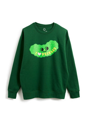 A dark green crewneck sweatshirt featuring a graphic of a green pickle with a face and the text 'I ♥ PICKLES' across the chest.
