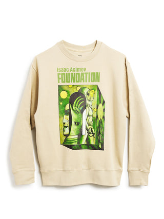 Beige sweatshirt with green graphic and text on a white background