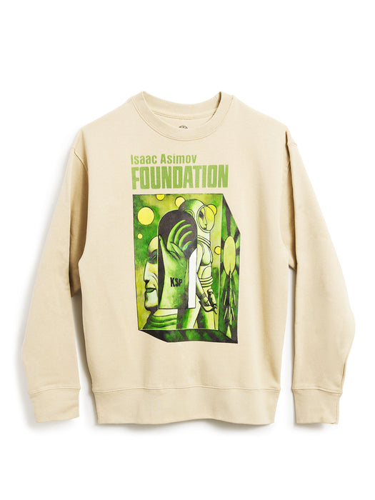 Beige sweatshirt with green graphic and text on a white background