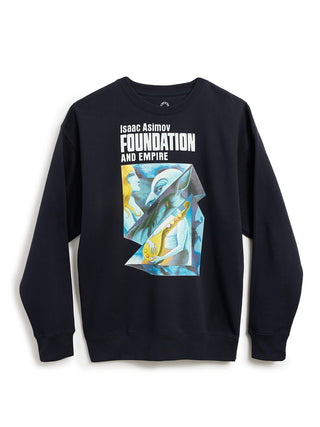 Navy blue sweatshirt with 'Isaac Asimov Foundation and Empire' text and graphic design on a white background