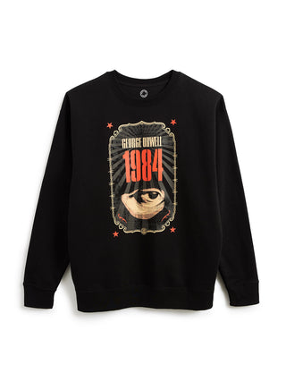 A black crewneck sweatshirt featuring a graphic print of George Orwell's 1984 with eye and text, displayed on a clean white background.