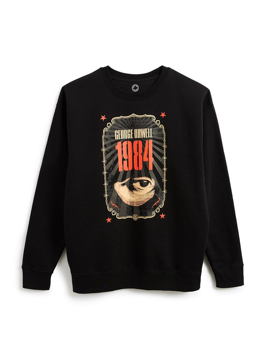 A black crewneck sweatshirt featuring a graphic print of George Orwell's 1984 with eye and text, displayed on a clean white background.
