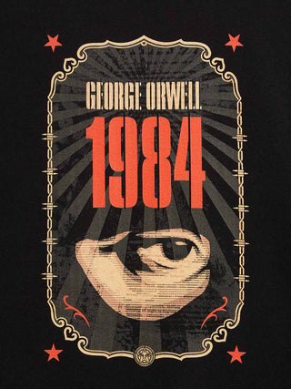 A graphic print of George Orwell's 1984 featuring a stylized illustration of a single eye on a black background with red and beige text and decorative border elements.