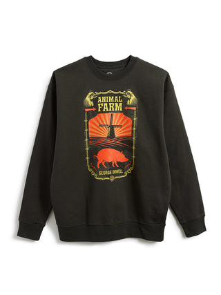 A black crewneck sweatshirt featuring a large graphic print on the front with the words 'ANIMAL FARM' and 'GEORGE DOWES' surrounding an illustration of a pig, a windmill, and a red sunburst.