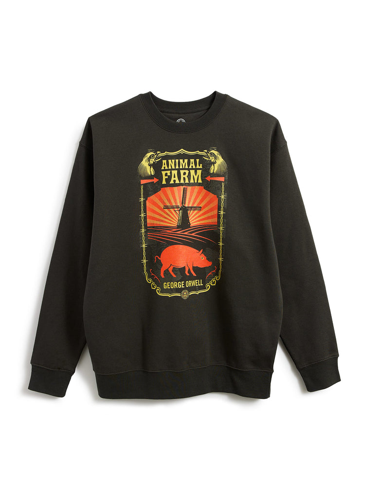 A black crewneck sweatshirt featuring a large graphic print on the front with the words 'ANIMAL FARM' and 'GEORGE DOWES' surrounding an illustration of a pig, a windmill, and a red sunburst.