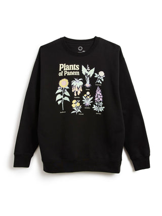 A black crewneck sweatshirt featuring a graphic print of various illustrated plants and the text 'Plants of Panem' on the front, displayed against a plain white background.