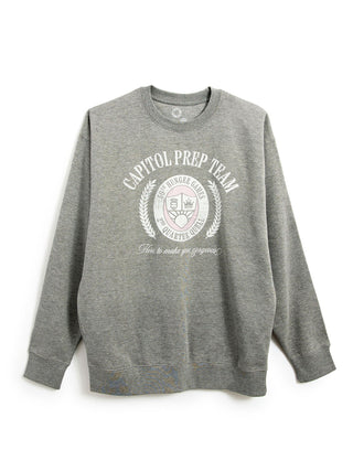 A heather gray crewneck sweatshirt featuring a white graphic print on the front that reads 'CAPITOL PREP TEAM' around a crest emblem, displayed against a plain white background.
