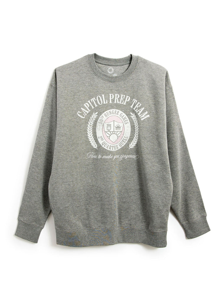 A heather gray crewneck sweatshirt featuring a white graphic print on the front that reads 'CAPITOL PREP TEAM' around a crest emblem, displayed against a plain white background.