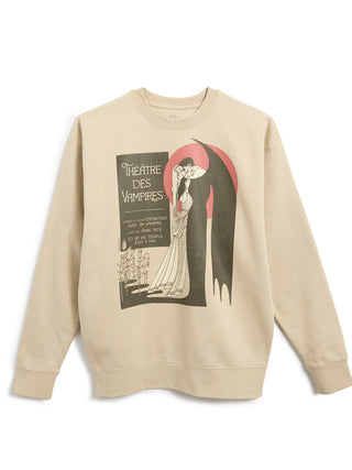 A beige crewneck sweatshirt featuring a vintage-style Art Nouveau graphic on the front with the text 'THEATRE DES VAMPIRES' and an illustration of a vampire.