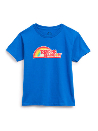 Blue t-shirt with 'Reading Rainbow' logo on a white background