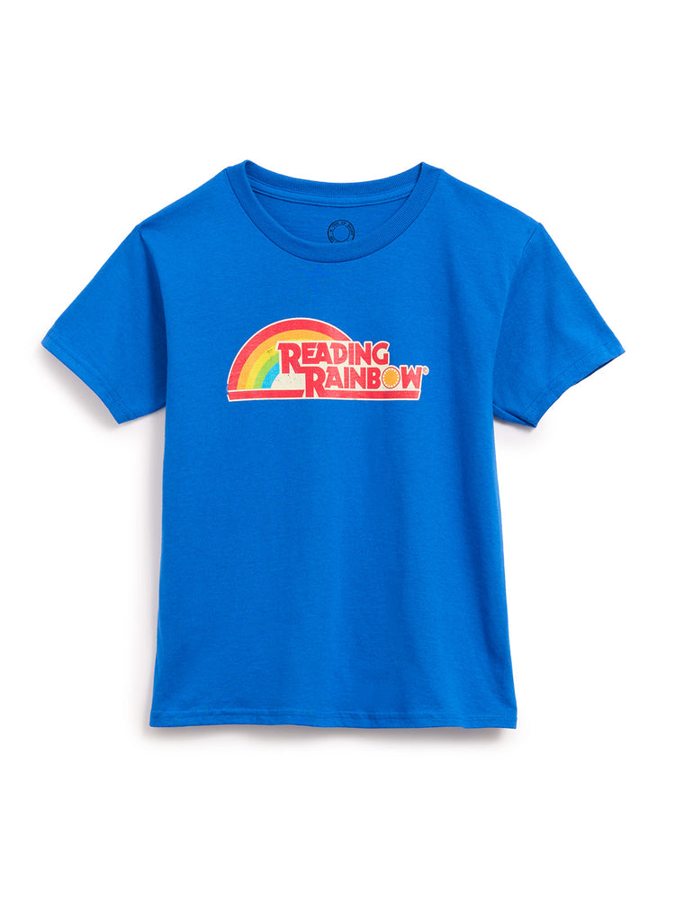 Blue t-shirt with 'Reading Rainbow' logo on a white background