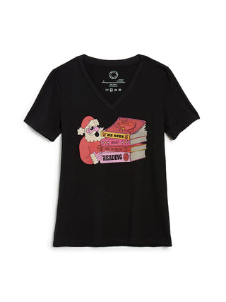 Santa: He Sees What You've Been Reading Women's V-Neck T-Shirt (Print Shop)