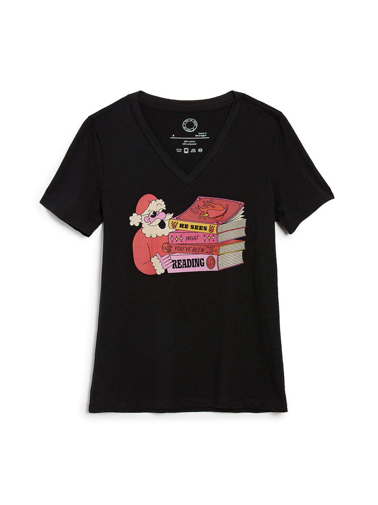 Santa: He Sees What You've Been Reading Women's V-Neck T-Shirt (Print Shop)