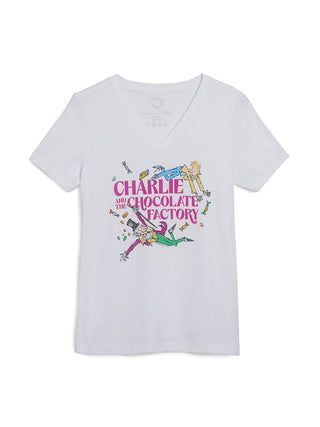 White t-shirt with 'Charlie and the Chocolate Factory' graphic on a white background
